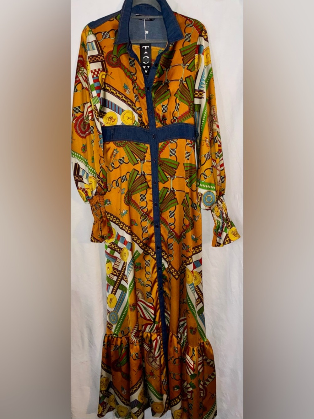 TOV Holy Patterned Maxi Shirt Button Dress With Denim Trim Size 40 New With Tag